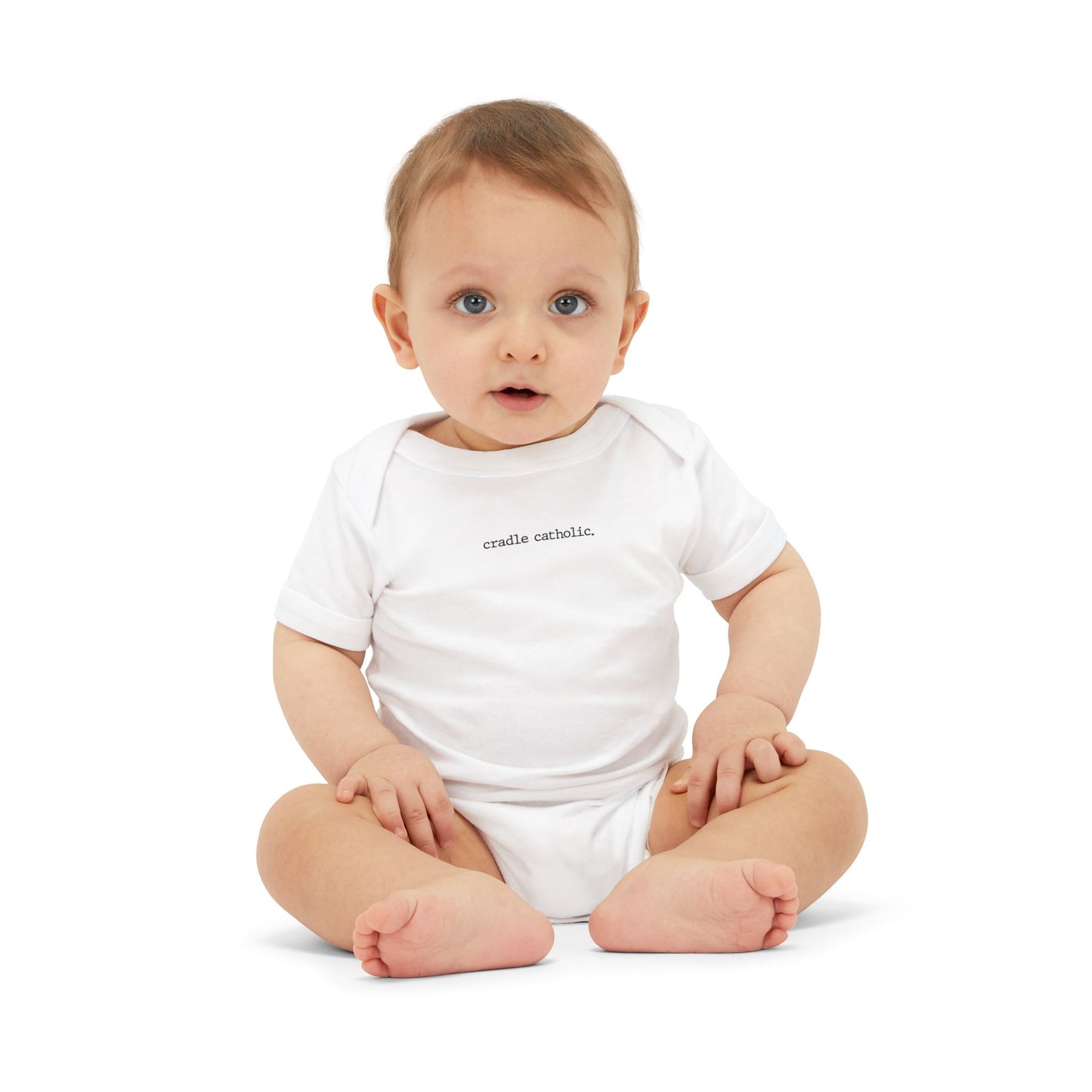 Infant Onesie “cradle.catholic.” Minimalist Baby Bodysuit - Religious Newborn Gift