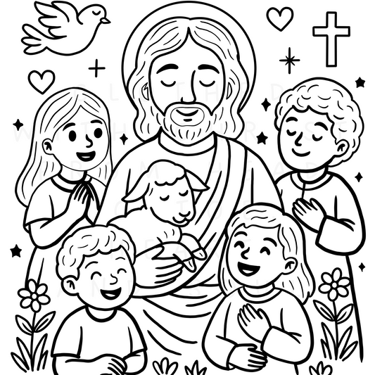 Jesus and the little children coloring page